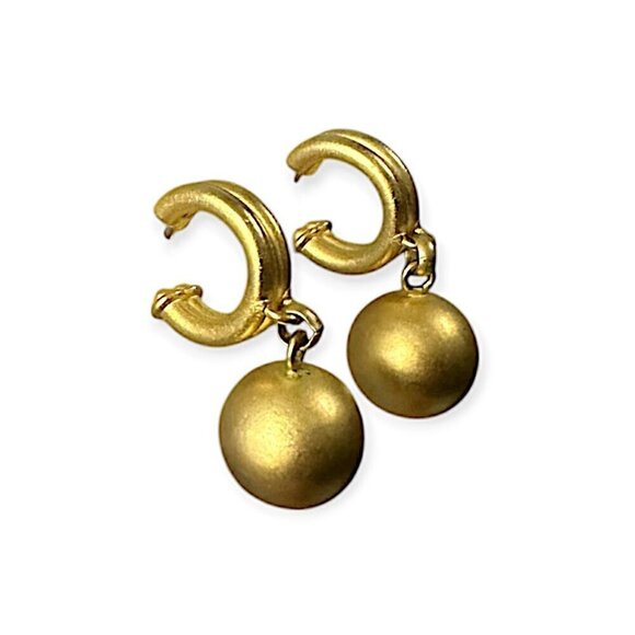 Gold Tone Drop Hoop Earrings with Dangling Balls, Vintage 1980s, - Picture 2 of 5